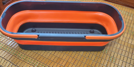 Limpiador de piso rectangular con caño de acero inoxidable y limpiador de plastico con paño de microfibra de 42Cm mas cubo plegable