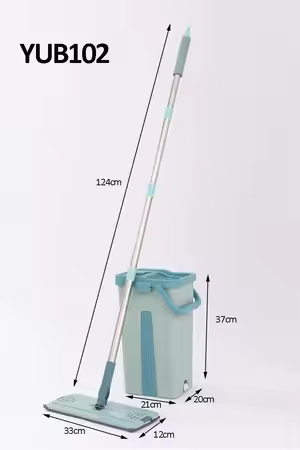 Limpiador de piso rectangular con base de microfibra giratorio con balde escurridor automatico en plastico y mango en acero inoxidable. Medidas en las imágenes