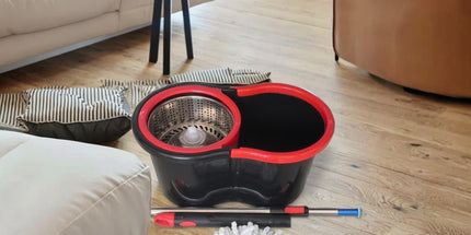 Limpiador giratorio 360  grados de piso en microfibra per uso domestico mojado o seco con balde y estrujador giratorio