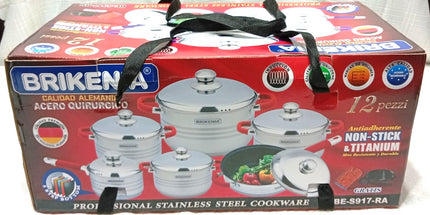 Set de 6 ollas y una sartén grande con teflón Brikeina de acero inoxidable tecnologia alemana y dos accesorios