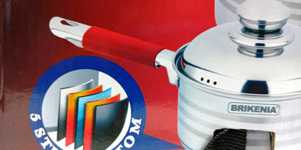 Set de 2 ollas con tapa y sartén con teflón y tapa  Brikeina acero inox. Sarten de 24x7.5cm y dos ollas de 18x11,5 y 16x10.5 cm