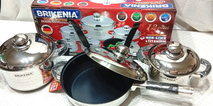 Set de 2 ollas con tapa y sartén con teflón y tapa  Brikeina acero inox. Sarten de 24x7.5cm y dos ollas de 18x11,5 y 16x10.5 cm