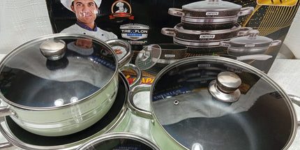 Set de ollas Chefesito 10 capas antiaderente 3 ollas con tapa 1 caserola con mango con tapa y una sarten. Tecnologia alamena