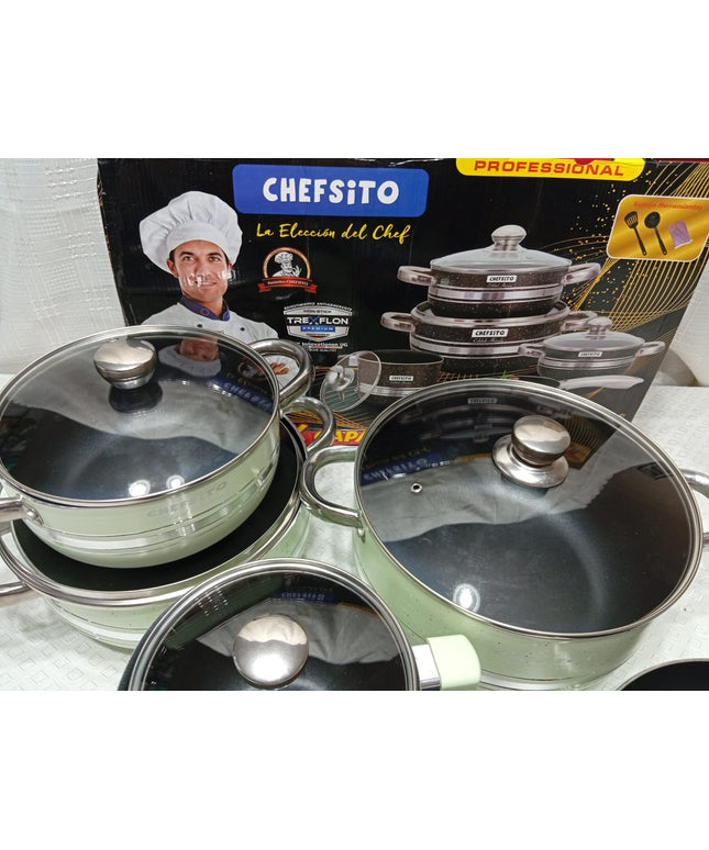 Set de ollas Chefesito 10 capas antiaderente 3 ollas con tapa 1 caserola con mango con tapa y una sarten. Tecnologia alamena
