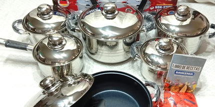 Set de 6 ollas y una sartén grande con teflón Brikeina de acero inoxidable tecnologia alemana y dos accesorios