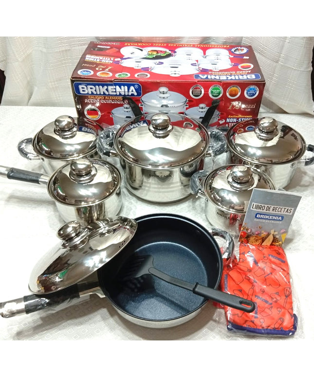Set de 6 ollas y una sartén grande con teflón Brikeina de acero inoxidable tecnologia alemana y dos accesorios