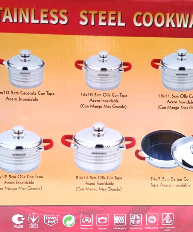 Set Brikeina de dos ollas con tapa de 24x14.5cm y 20x12,5 cm más caserola con tapa 16x10.5 cm. Inluye un utensillo