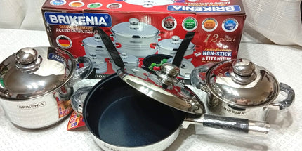 Set de 2 ollas con tapa y sartén con teflón y tapa  Brikeina acero inox. Sarten de 24x7.5cm y dos ollas de 18x11,5 y 16x10.5 cm