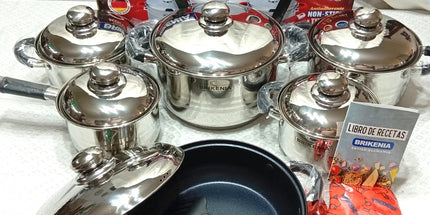Set de 6 ollas y una sartén grande con teflón Brikeina de acero inoxidable tecnologia alemana y dos accesorios
