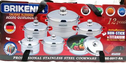 Set de 6 ollas y una sartén grande con teflón Brikeina de acero inoxidable tecnologia alemana y dos accesorios