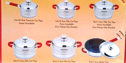 Set de 2 ollas con tapa y sartén con teflón y tapa  Brikeina acero inox. Sarten de 24x7.5cm y dos ollas de 18x11,5 y 16x10.5 cm