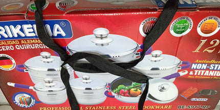 Set de 6 ollas y una sartén grande con teflón Brikeina de acero inoxidable tecnologia alemana y dos accesorios