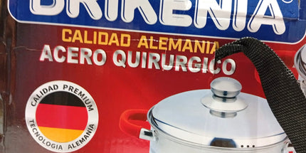 Set de 2 ollas con tapa y sartén con teflón y tapa  Brikeina acero inox. Sarten de 24x7.5cm y dos ollas de 18x11,5 y 16x10.5 cm