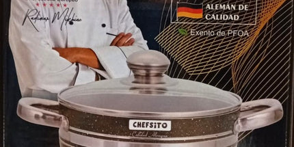 Set de ollas Chefesito 10 capas antiaderente 3 ollas con tapa 1 caserola con mango con tapa y una sarten. Tecnologia alamena