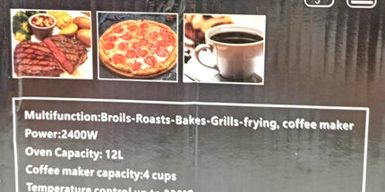 Desayunador multifunción tecnologia alemana 2400 Watt 12litros de capacidad de horno y 4 tazas de café