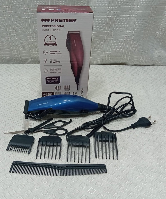 Máquina para cortar pelo profesional PREMIER con accesorios en color azul y rojo