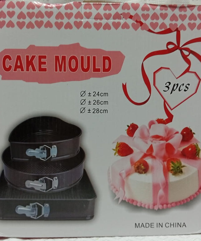 Set de 3 Moldes de cocina , cuadrado redondo y corazon de 24 -26 -28 cm de diametro