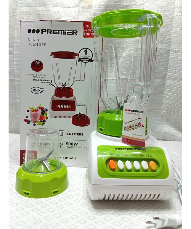 Batidora Premier de 1.6 litros 500 Watt y 4 velocidades. Modelo 2025 con jarra de plástico y con molinillo