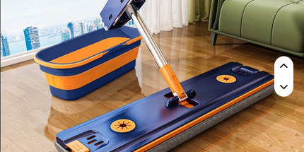 Limpiador de piso rectangular con caño de acero inoxidable y limpiador de plastico con paño de microfibra de 42Cm mas cubo plegable
