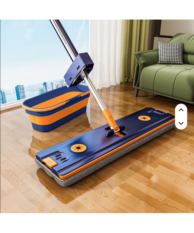 Limpiador de piso rectangular con caño de acero inoxidable y limpiador de plastico con paño de microfibra de 42Cm mas cubo plegable