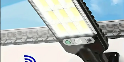 Reflector solar con control remoto, 90COB LED, sensor de movimiento, montaje semi empotrado, material plástico, acabado pulido, plegable, accesorio desmontable, carga solar, batería de litio recargable, montaje en pared, hardware de instalación incluido