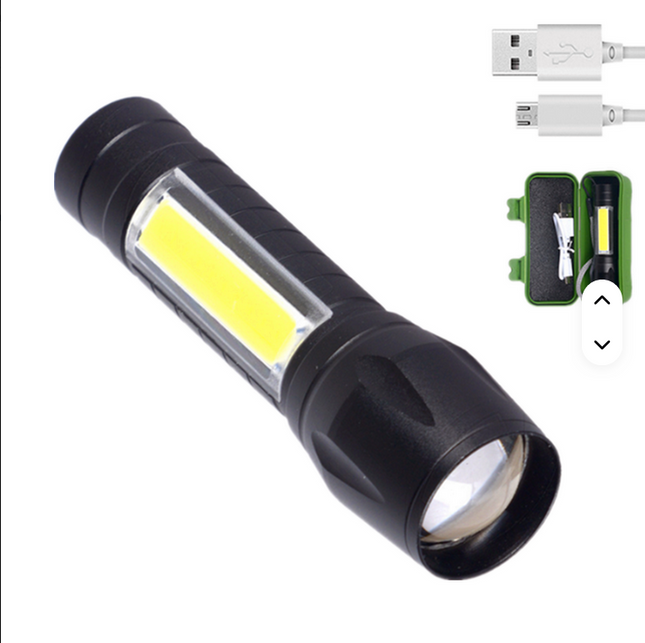 Linterna recargable con luz lateral para acampar, linterna de mano de 10 cm de largo, resistente al agua