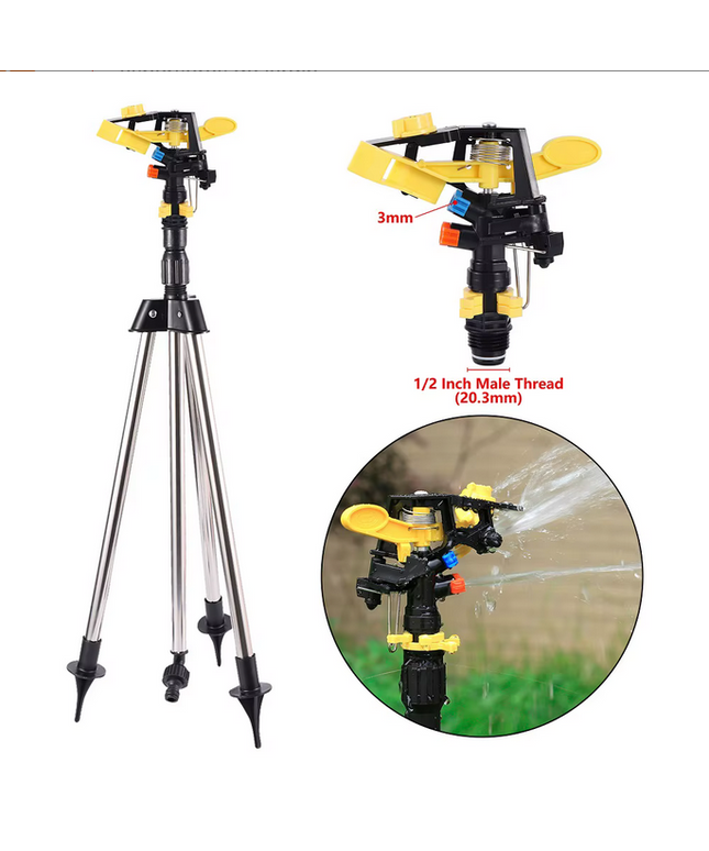 Aspersor con tripode telescopico de jardin o agrícola de impulso de impacto, de aspersio de 360 grados, rociadores giratorios
