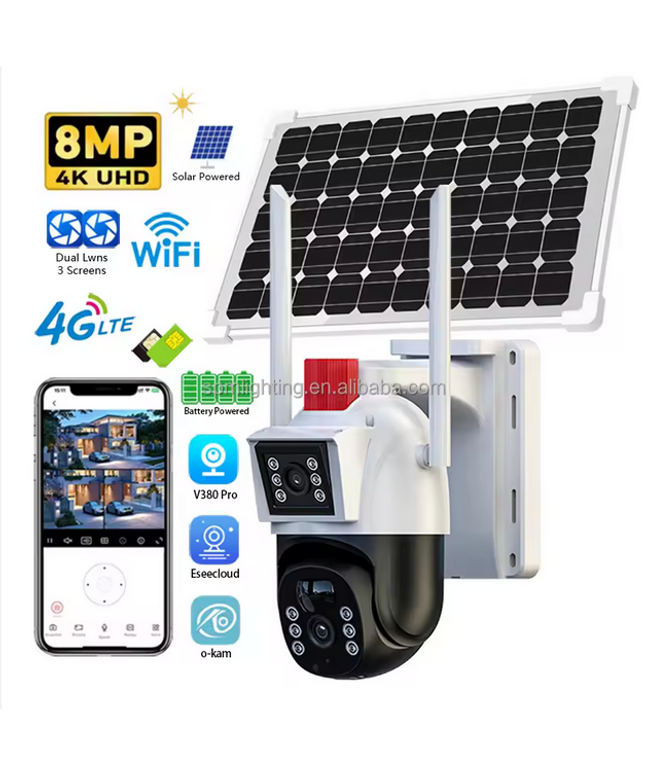 Cámara de seguridad solar 4G 4MP para exterior, con ranura para tarjeta de memoria, micrófono integrado, alimentada por batería, cámara IP CCTV de doble len