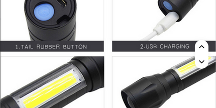 Linterna recargable con luz lateral para acampar, linterna de mano de 10 cm de largo, resistente al agua