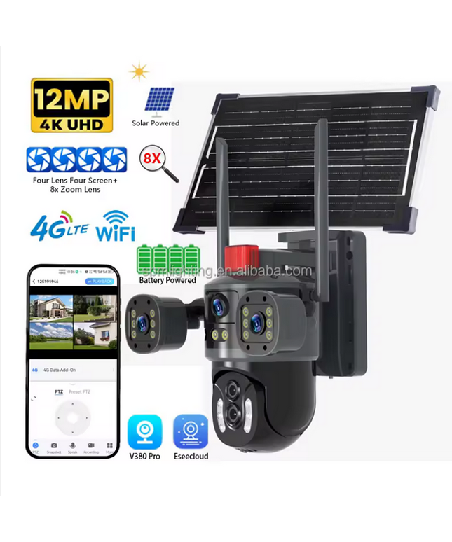 Cámara de seguridad V380 Pro Eseecloud PTZ 8MP12MP4K, 4G con ranura para tarjeta SIM, 360° exterior, IP66 inalámbrica WiFi, cámara CCTV solar