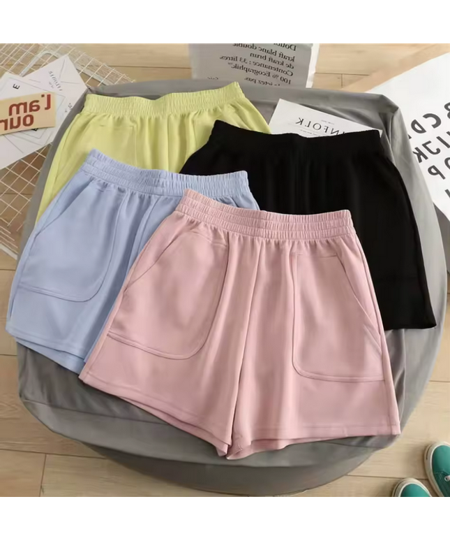 short femeninos deportivos casuales de verano, cintura alta, corte suelto y pernera ancha, color liso