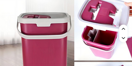 Limpiador de piso rectangular con base de microfibra giratorio con balde escurridor automatico en plastico y mango en acero inoxidable. Medidas en las imágenes