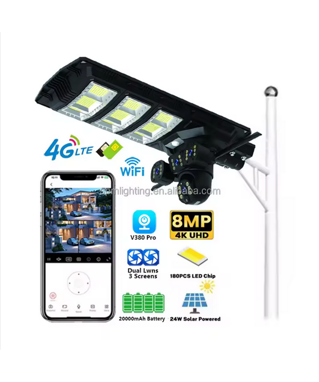 Cámara de Vigilancia Solar 4G con Tarjeta SIM V380 Pro, Inalámbrica para Exteriores, 6MP 8MP 4K IP, PTZ, WiFi, Farola Solar con Cámara