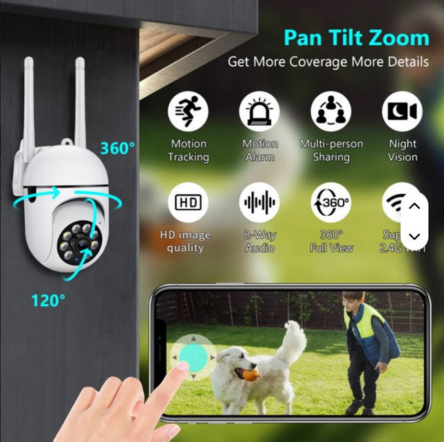 Cámara WiFi A7 antena dual 1080P HD 360° cámara de seguridad inalámbrica PTZ para exterior y hogar con visión nocturna