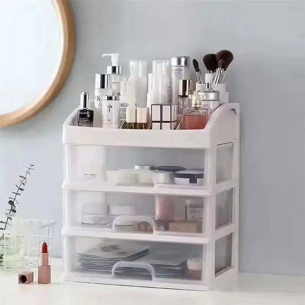 Organizador de plástico con 3 cajones, estilo cajón de escritorio, caja de almacenamiento de cosméticos