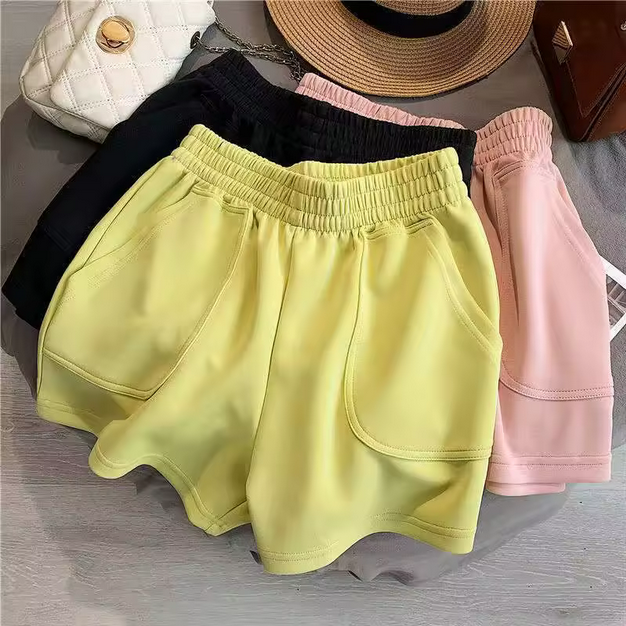 short femeninos deportivos casuales de verano, cintura alta, corte suelto y pernera ancha, color liso