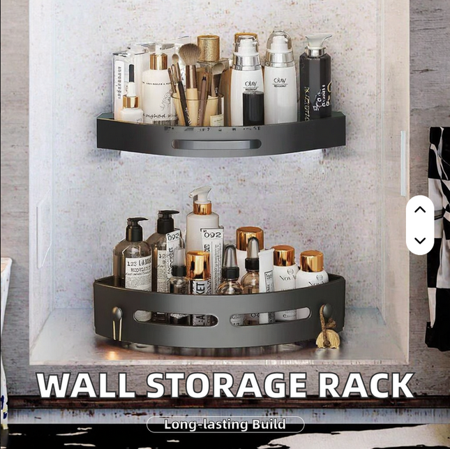 Estante DOBLE de cesta triangular de plástico negro no perforado de pared