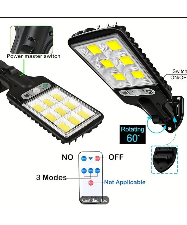 Reflector solar con control remoto, 90COB LED, sensor de movimiento, montaje semi empotrado, material plástico, acabado pulido, plegable, accesorio desmontable, carga solar, batería de litio recargable, montaje en pared, hardware de instalación incluido