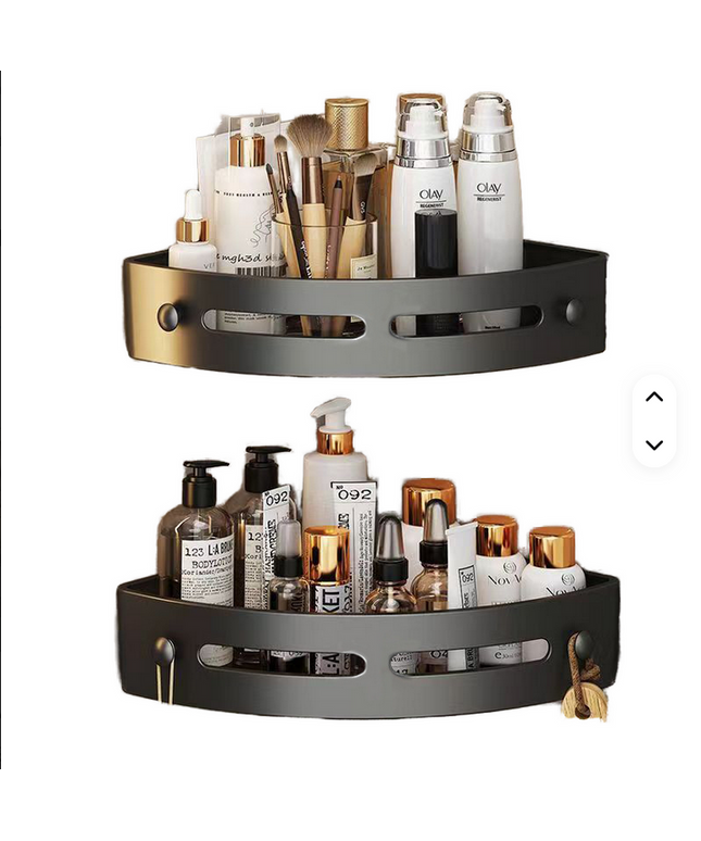 Estante DOBLE de cesta triangular de plástico negro no perforado de pared