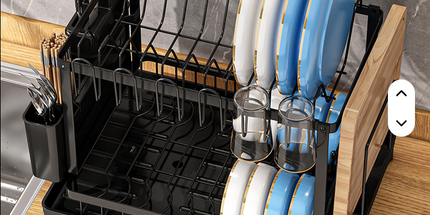 Estante para platos de doble nivel lateral para cubiertos con drenaje y para apozar basos o tazas