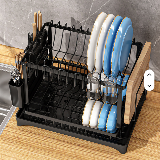 Estante para platos de doble nivel lateral para cubiertos con drenaje y para apozar basos o tazas