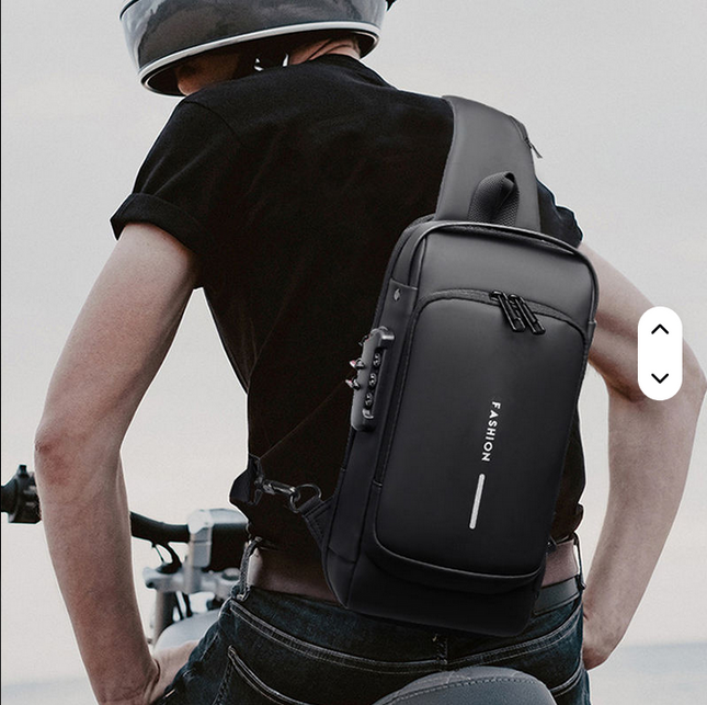 Mochila mediana con lazo cruzado de pecho ANTIRROBO con USB y candados de seguridad. Muy resistente