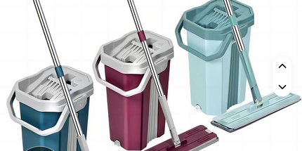 Limpiador de piso rectangular con base de microfibra giratorio con balde escurridor automatico en plastico y mango en acero inoxidable. Medidas en las imágenes