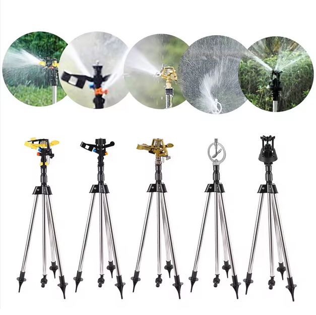 Aspersor con tripode telescopico de jardin o agrícola de impulso de impacto, de aspersio de 360 grados, rociadores giratorios