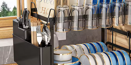 Estante para platos de doble nivel lateral para cubiertos con drenaje y para apozar basos o tazas