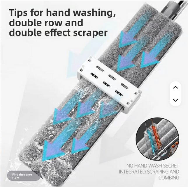 Limpiador de piso rectangular con caño de acero inoxidable y limpiador de plastico con paño de microfibra de 42Cm mas cubo plegable