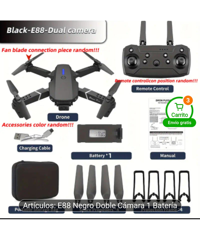 Dron E88PRO Negro plegable con doble cámara y control remoto, despegue y aterrizaje fácil con un solo clic, cuadricóptero de control remoto