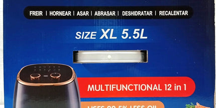 Freidora de Aire AIR FRY de 5.5 litros con PERILLAS DE REG. de temp para distintos alimentos. Colores Rojo y negro