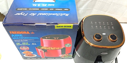Freidora de Aire AIR FRY de 5.5 litros con PERILLAS DE REG. de temp para distintos alimentos. Colores Rojo y negro