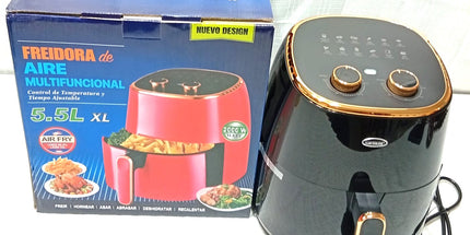 Freidora de Aire AIR FRY de 5.5 litros con PERILLAS DE REG. de temp para distintos alimentos. Colores Rojo y negro